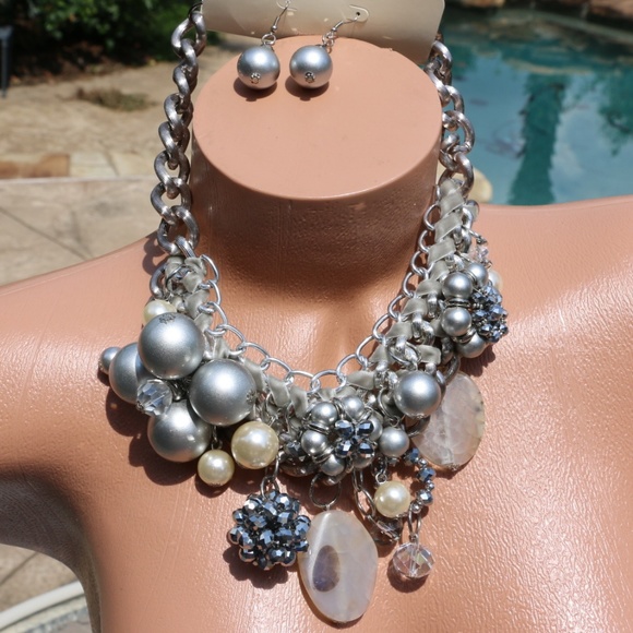 EsMor Jewelry - Huge Boho Silvertone Faux Pearl Stone Necklace Set
